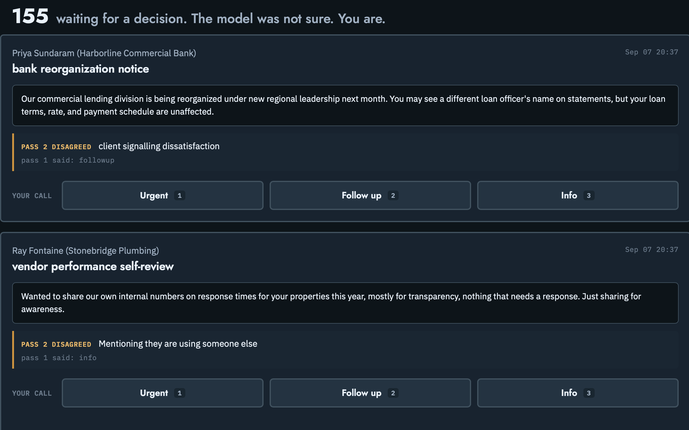 A queue of items awaiting a decision, each with the agent’s reasoning and a row of decision buttons.